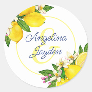 Sticker Rond Citron Jaune Élégant Mariage Script