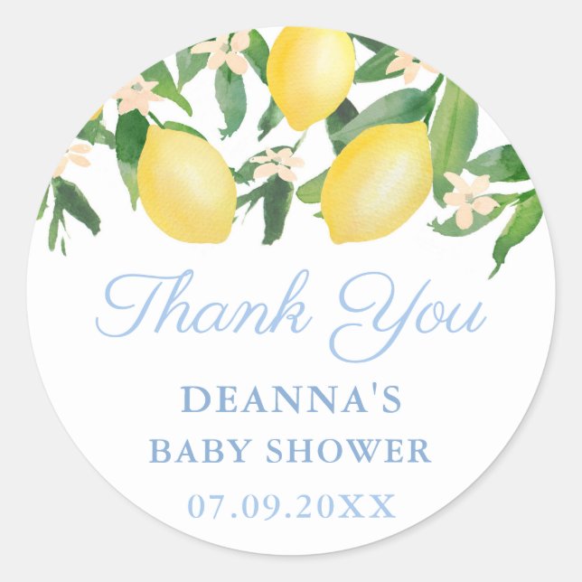 Sticker Rond Citrons Citrus Pale Blue Boy Baby shower Merci (Devant)
