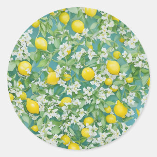 Sticker Rond Citrons et fleurs blanches