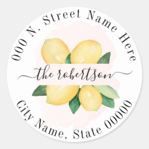 Sticker Rond Citrons été Adresse de retour rose Aquarelle