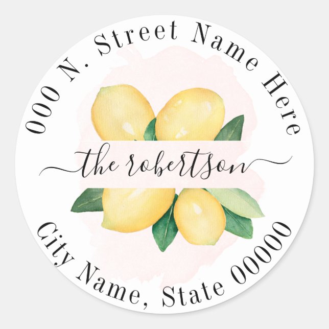 Sticker Rond Citrons été Adresse de retour rose Aquarelle (Devant)