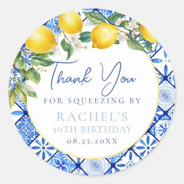 Sticker Rond Citrons italien Carreaux bleu Merci d'anniversaire (Devant)