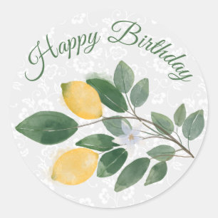 Sticker Rond Citrons siciliens à l'aquarelle Joyeux Anniversair