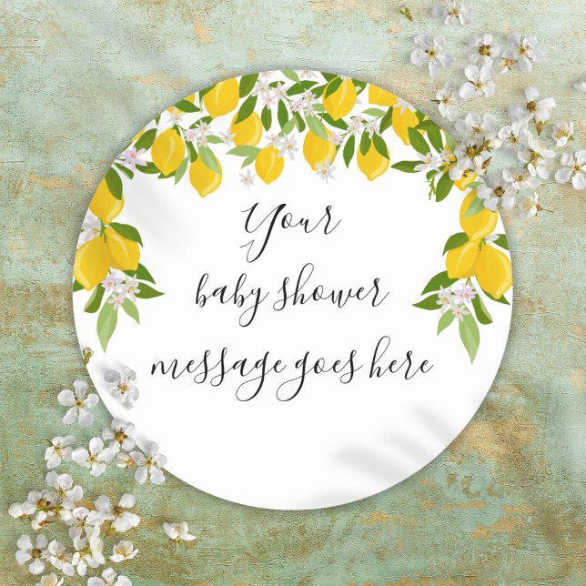 Sticker Rond Citrons Vert Baby shower Floral Favoriser (Lemons Greenery Floral Baby Shower Favor Classic Round Sticker)