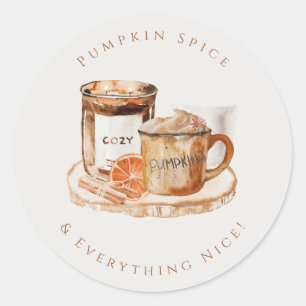Sticker Rond Citrouille aquarelle Latte et bougie Thanksgiving