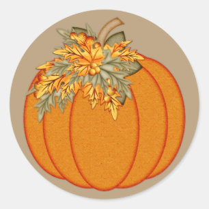Sticker Rond Citrouille aux feuilles d'automne orange