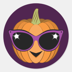 Sticker Rond Citrouille avec Cool Retro Chat Lunettes de soleil