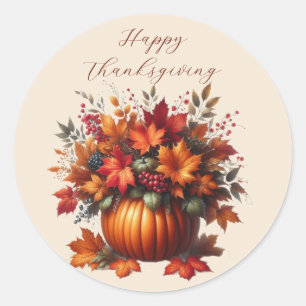 Sticker Rond Citrouille avec feuilles d'automne Bon thanksgivin