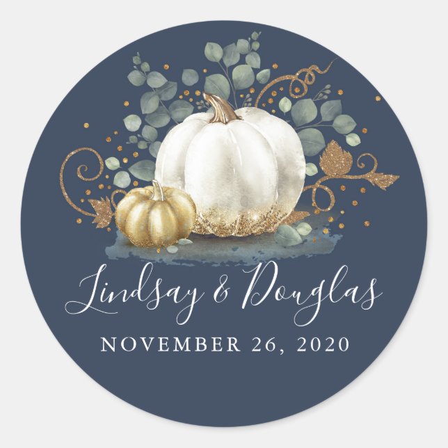 Sticker Rond Citrouille blanc or Mariage de automne bleu marine (Devant)