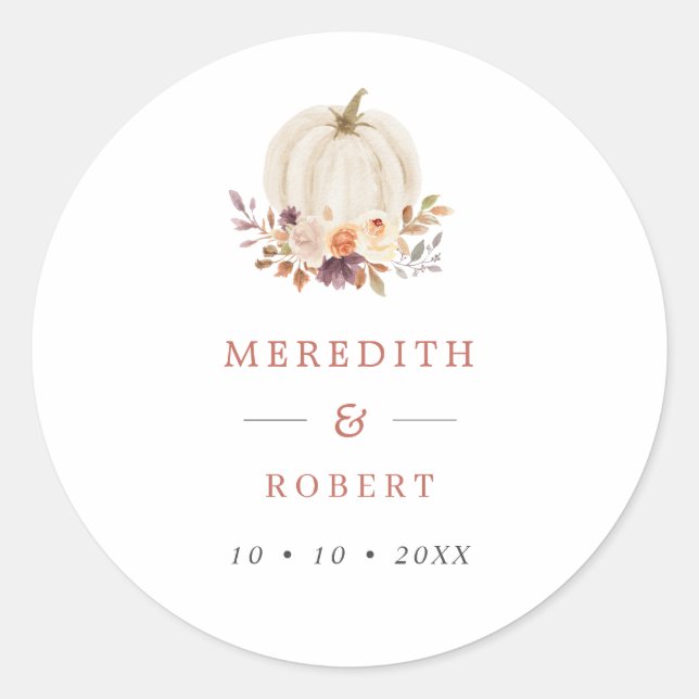 Sticker Rond Citrouille blanc violet et Mariage de fleurs en te (Devant)