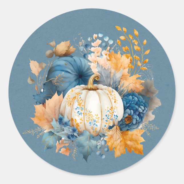 Sticker Rond Citrouille bleu et orange Peony Mariage (Devant)