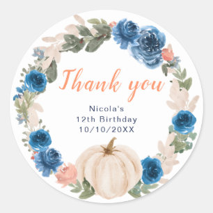 Sticker Rond Citrouille bleu marine et bleu Merci d'anniversair