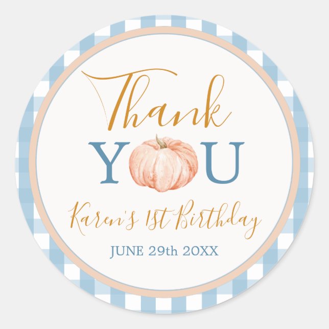 Sticker Rond Citrouille Boho Blue En vichy 1er anniversaire Mer (Devant)