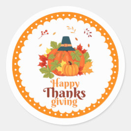 Sticker Rond Citrouille bon thanksgiving avec Casquette et Feui