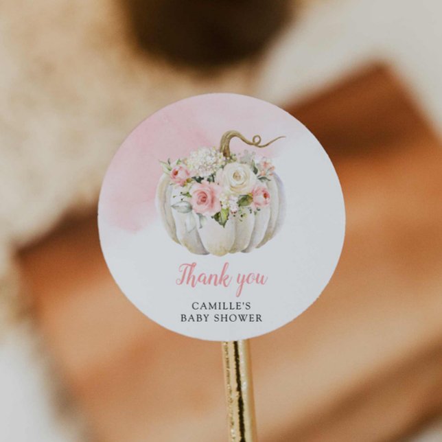 Sticker Rond Citrouille d'automne Baby shower fille (Pink Girl Baby Shower Thank you Sticker)