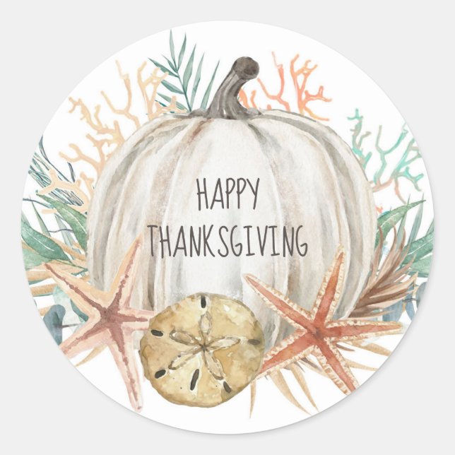 Sticker Rond Citrouille d'automne côtière Joyeux Thanksgiving (Devant)