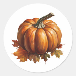 Sticker Rond Citrouille d'automne Orange et Feuilles d'érable