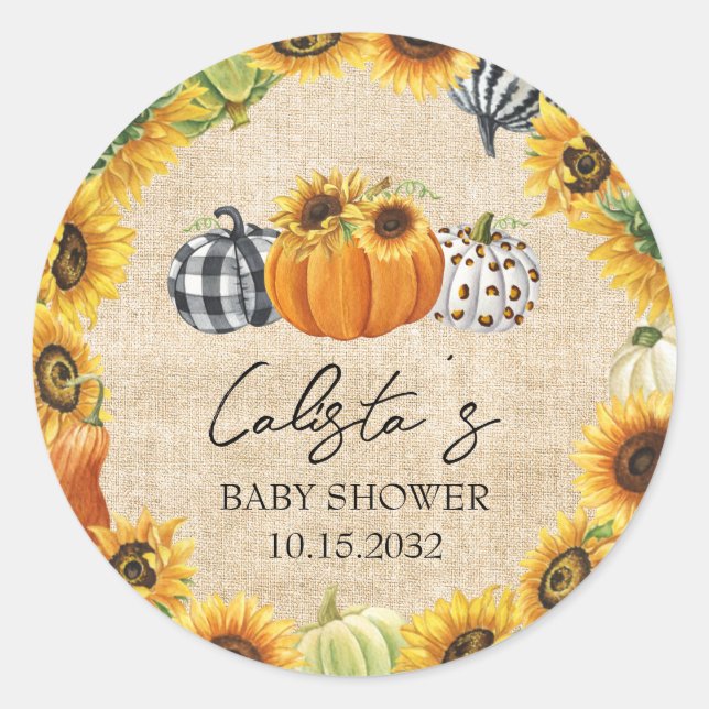 Sticker Rond Citrouille d'automne Sunflower Burlap Baby shower  (Devant)