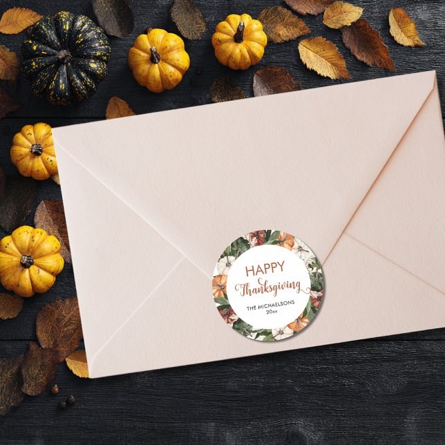 Sticker Rond Citrouille de Bon thanksgiving rustique (Rustic Happy Thanksgiving Pumpkin Classic Round Sticker
)