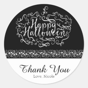 Sticker Rond Citrouille d'Halloween Elégant Black White Party F