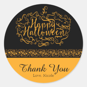 Sticker Rond Citrouille d'Halloween Élégant Orange Noir Faveur 