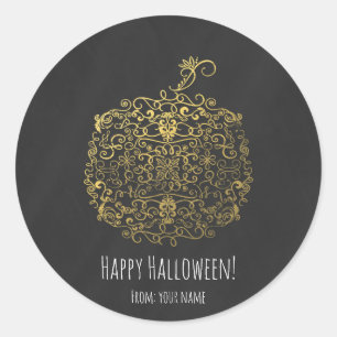 Sticker Rond Citrouille dorée élégante Filigree Automne Fête