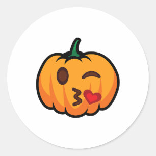Sticker Rond Citrouille Emoji One Eye Open Wink Blow Kiss Love 