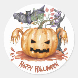 Sticker Rond Citrouille et chauve-souris à l'aquarelle, Hallowe