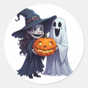 Sticker Rond Citrouille fantôme sorcière pour Halloween 🎃