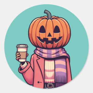 Sticker Rond Citrouille Head Café Automne Saison Chemise