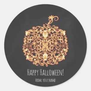 Sticker Rond Citrouille orange lumineuse filigranée, faveur Hal