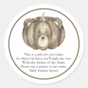 Sticker Rond Citrouille ours baby shower - Chandelle de prière 