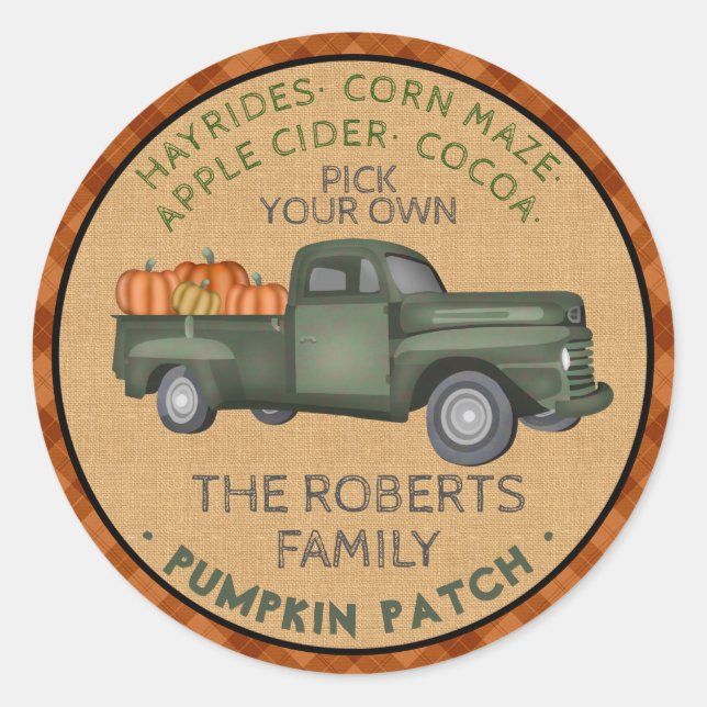 Sticker Rond Citrouille Patch Farm Rustic Automne Plaid Camion  (Devant)