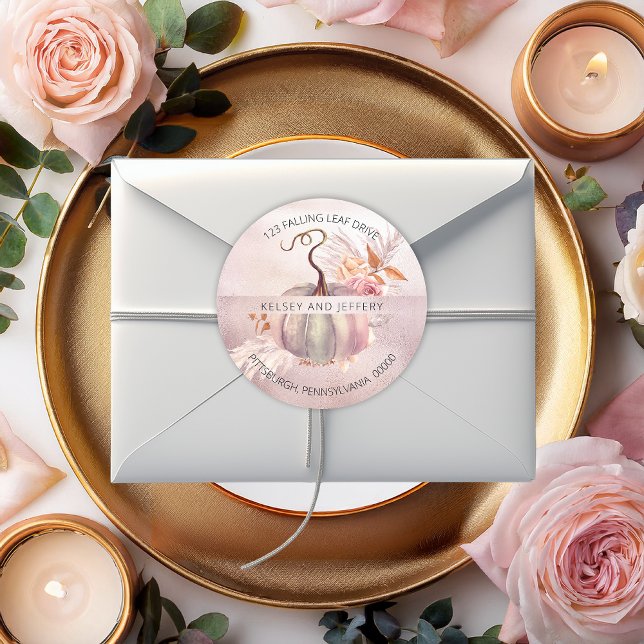 Sticker Rond Citrouille rose | Boho Pampas Grasse Adresse de re (Beautiful Boho Pink Pumpkin and Roses Return Address Sticker | Envelope Seal)