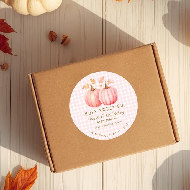 Sticker Rond Citrouille rose En vichy boulangerie (Pink Pumpkin Gingham Bakery Homemade Stickers)