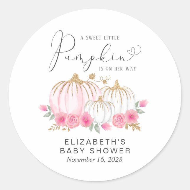 Sticker Rond Citrouille Rose Floral Aquarelle bébé fille Douche (Devant)