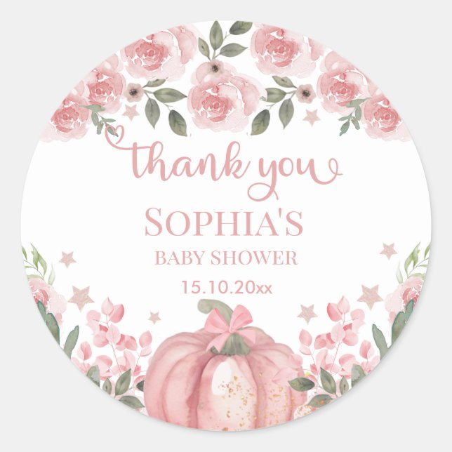 Sticker Rond citrouille rose Floral Girl Baby shower Merci (Devant)