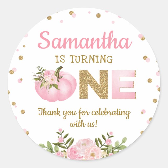 Sticker Rond Citrouille rose Premier 1er anniversaire favorise  (Devant)