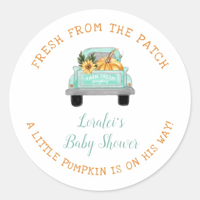 Sticker Rond Citrouille Sur Le Chemin Vieux Camion Baby shower  (Devant)