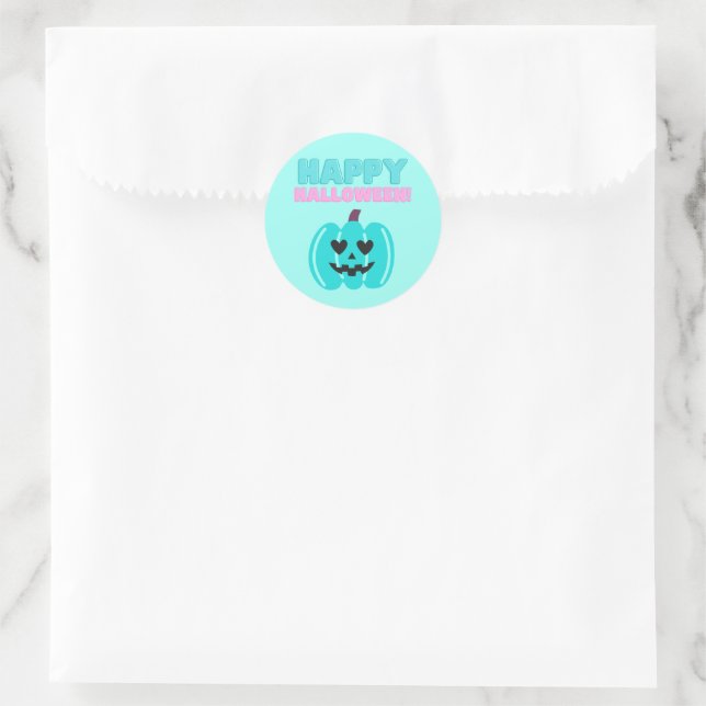 Sticker Rond Citrouille turquoise Halloween heureux (Sac)