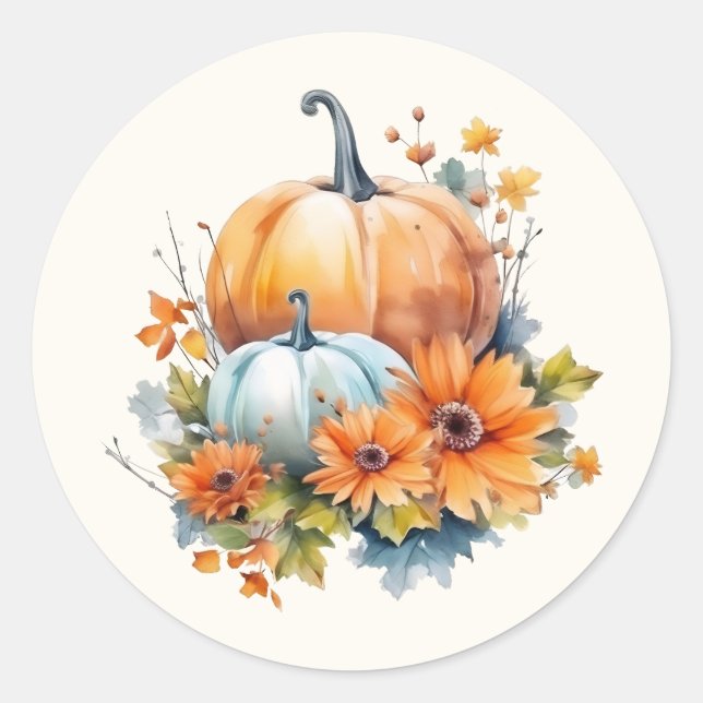 Sticker Rond Citrouilles d'automne avec Fleurs et Foliage (Devant)