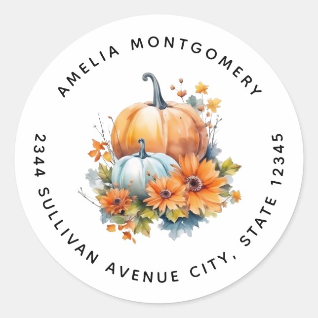Sticker Rond Citrouilles d'automne avec Fleurs et Foliage - Adr (Devant)
