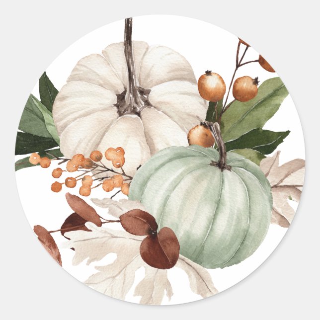 Sticker Rond Citrouilles de remerciement blanches et vert sauge (Devant)