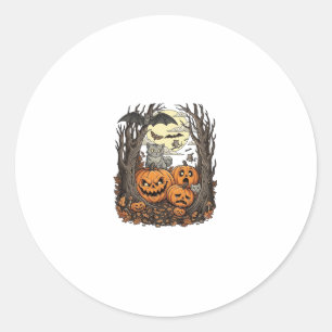 Sticker Rond Citrouilles d'Halloween Chat Gris Chauve-Souris Pl