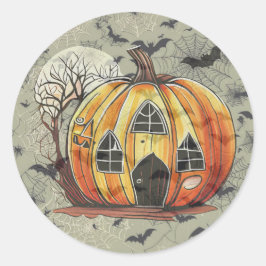 Sticker Rond Citrouilles effrayantes avec chauves-souris