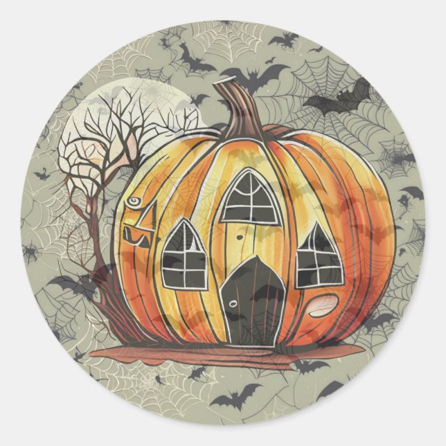 Sticker Rond Citrouilles effrayantes avec chauves-souris (Devant)