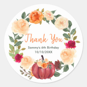 Sticker Rond Citrouilles Florales d'Automne Fête d'Anniversaire