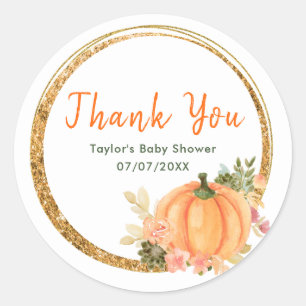 Sticker Rond Citrouilles orange et vertes Baby Shower Merci