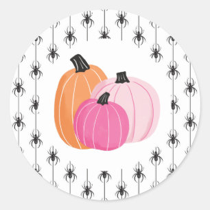 Sticker Rond Citrouilles roses et araignées Halloween