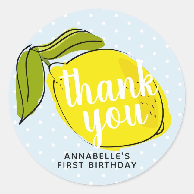Sticker Rond Citrus citron 1er anniversaire Merci bleu (Devant)